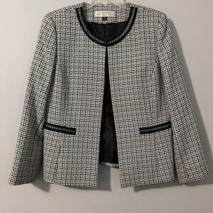 Tahari ASL Open Front Blazer Collarless Tweed Black Tan Chain Accent Size 10p